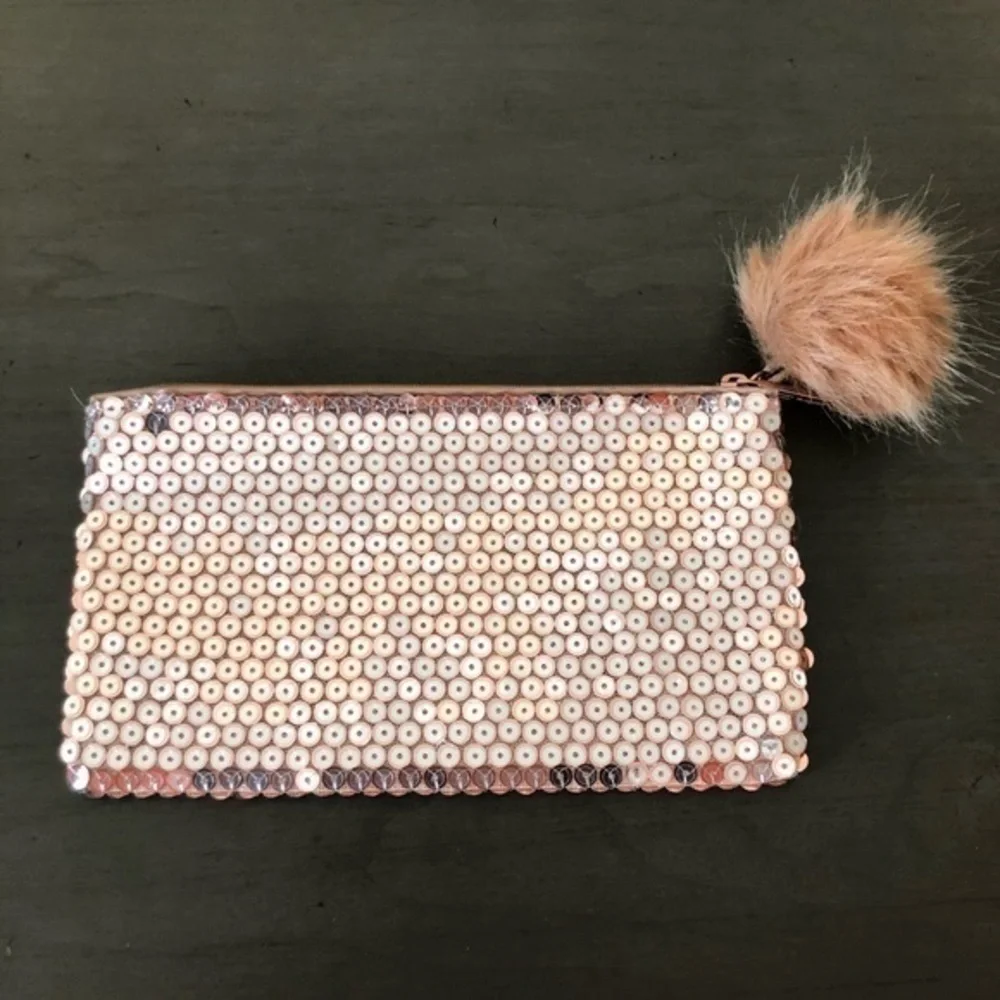 MAC Makeup Case Champagne Sequins Faux Fur Pom Pom Zipper Top Cosmetics Trendy